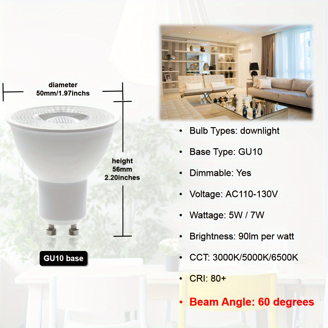 MR16 GU10 Flood 40 Degree Beam 7W-500LM Dimmable 2700K