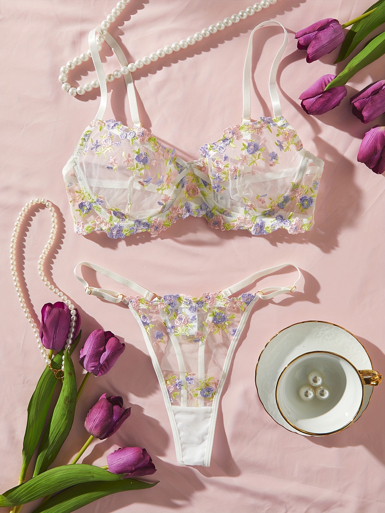 Floral Embroidery Lingerie Set Mesh Unlined Bra Panties - Temu