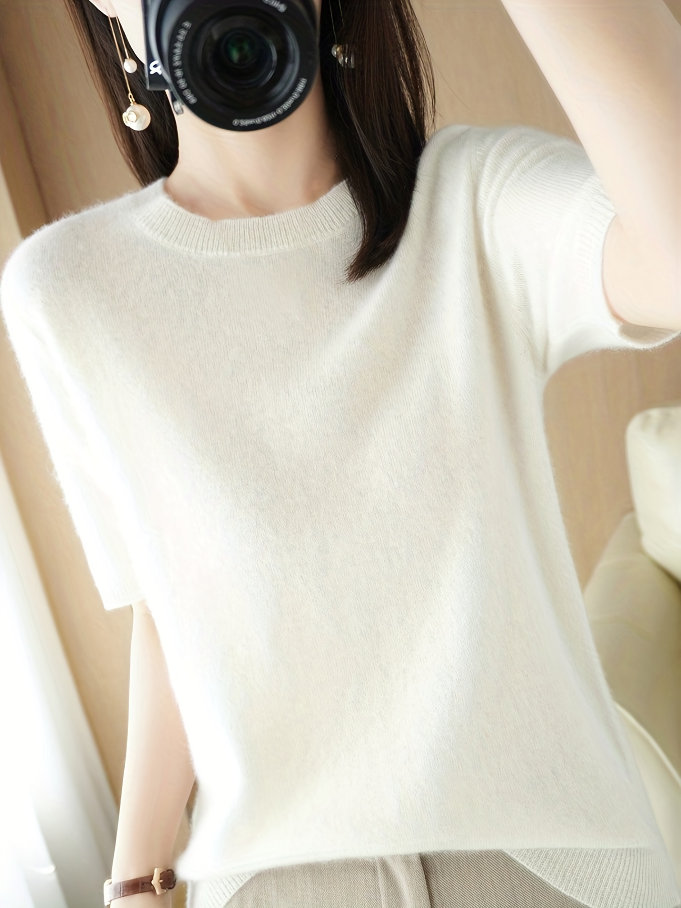 Solid Half Sleeve Sweater, Elegant Crew Neck Sweater For Spring