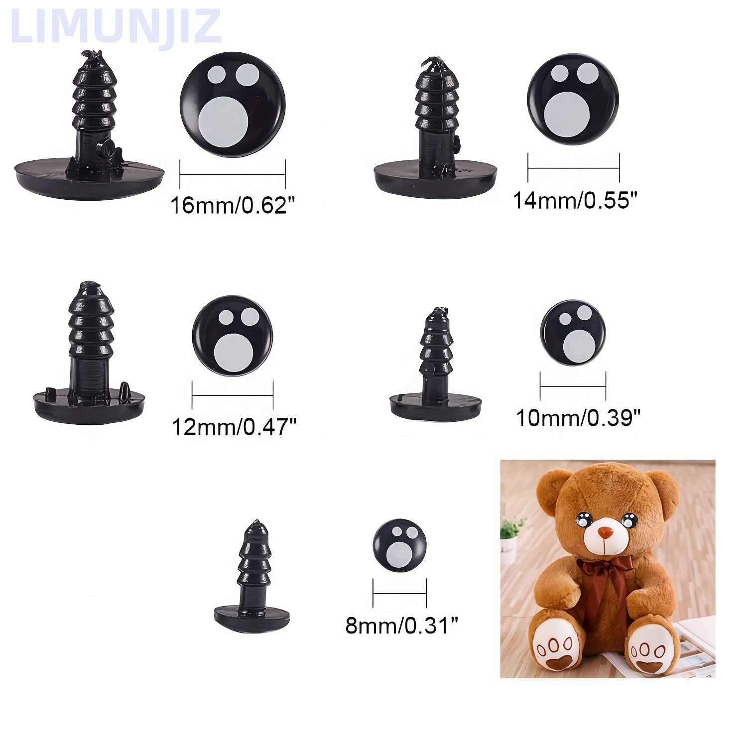 100pcs 6-12mm Black Plastic Safety Eyes for Bear, Doll, Puppet, Plush Animal and Craft One Box, Size: 20