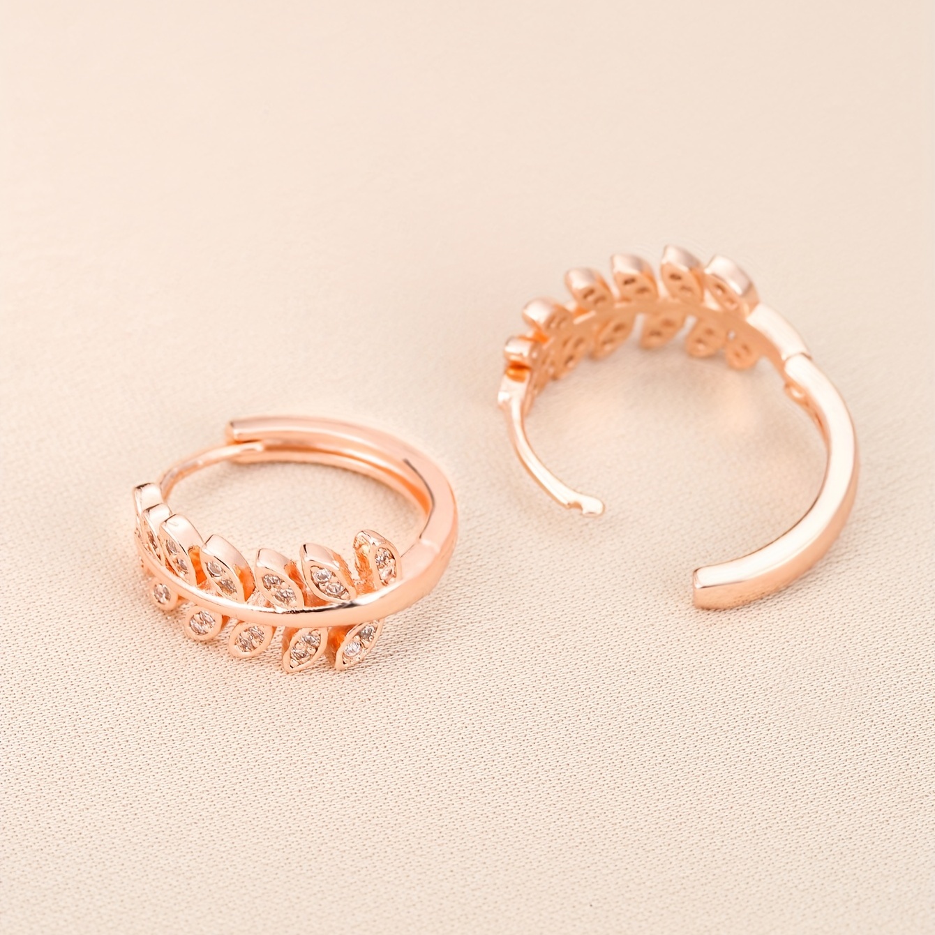 Leaf Shaped Hoop Huggie Earrings Inlaid Zircon