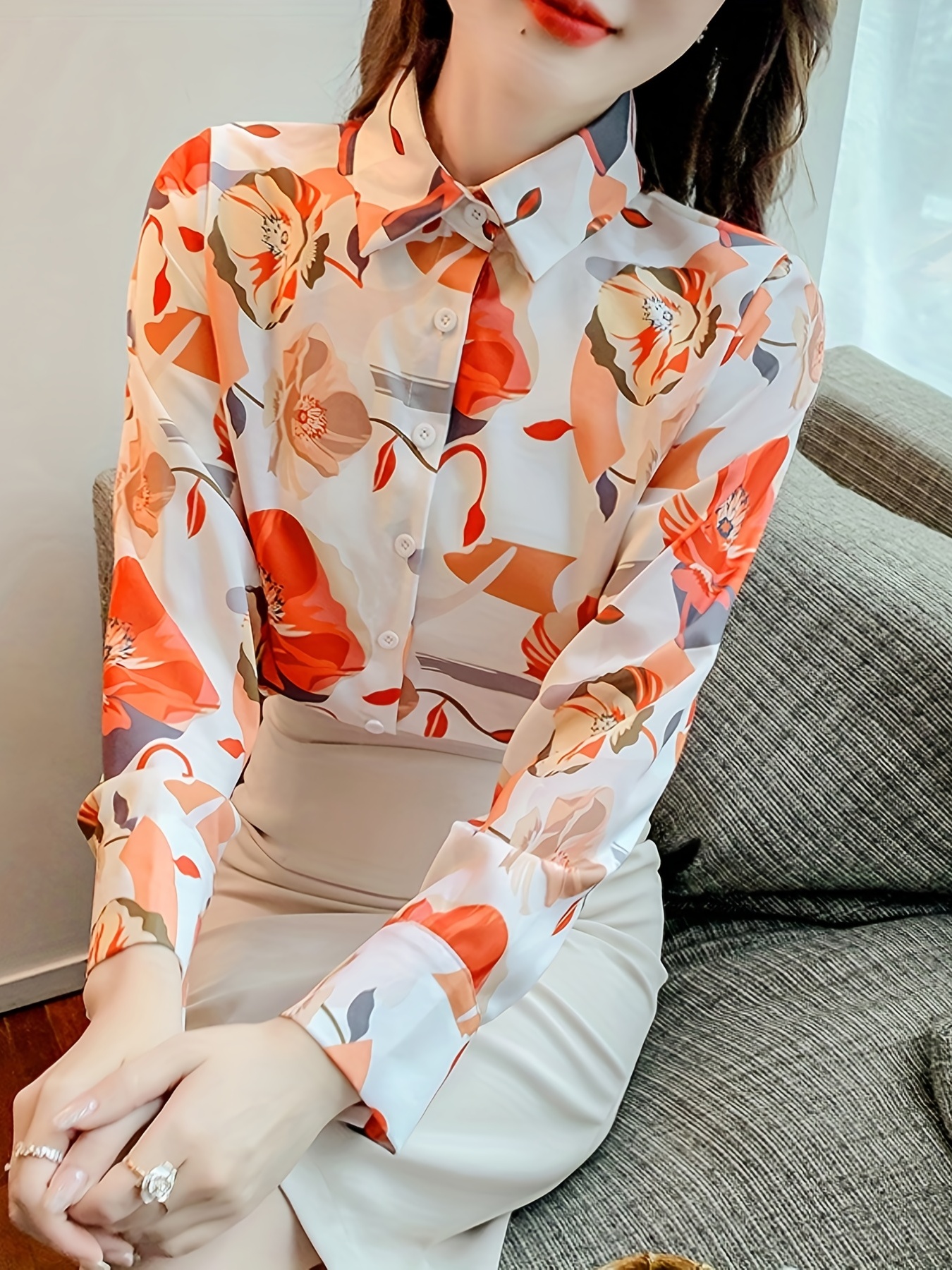 elegant women's floral print chiffon blouse long sleeve Temu