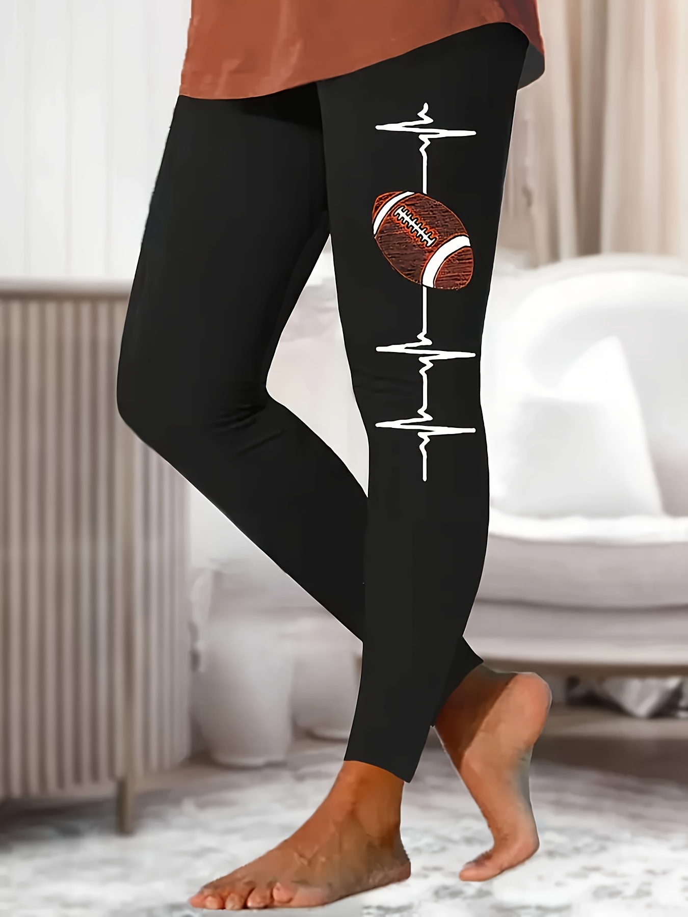 Football Print Skinny Leggings Casual Elastic Waist Stretchy - Temu