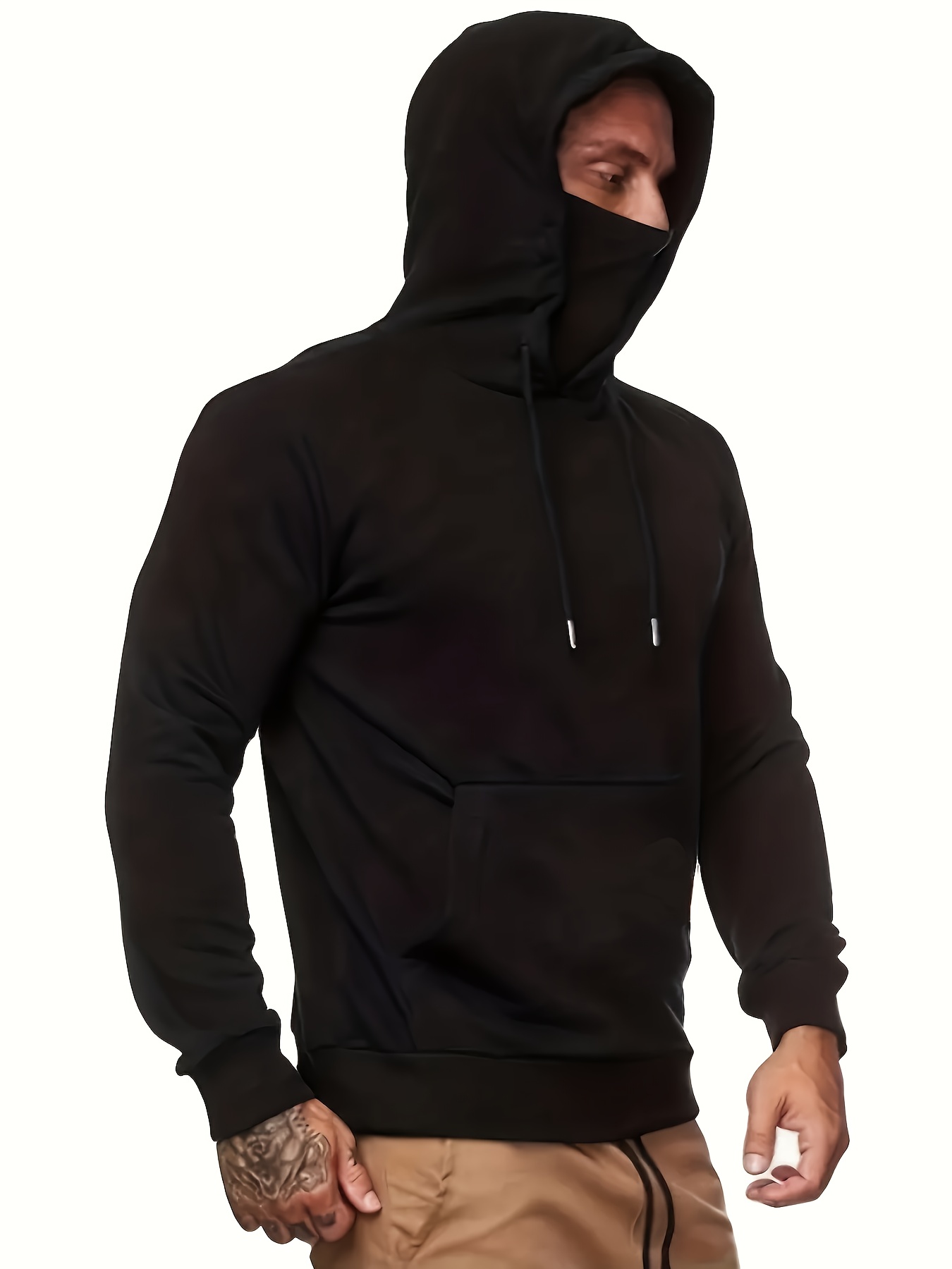 Men's Solid Drawstring Pullover Hoodies Mask Loose Fit Soft - Temu Canada