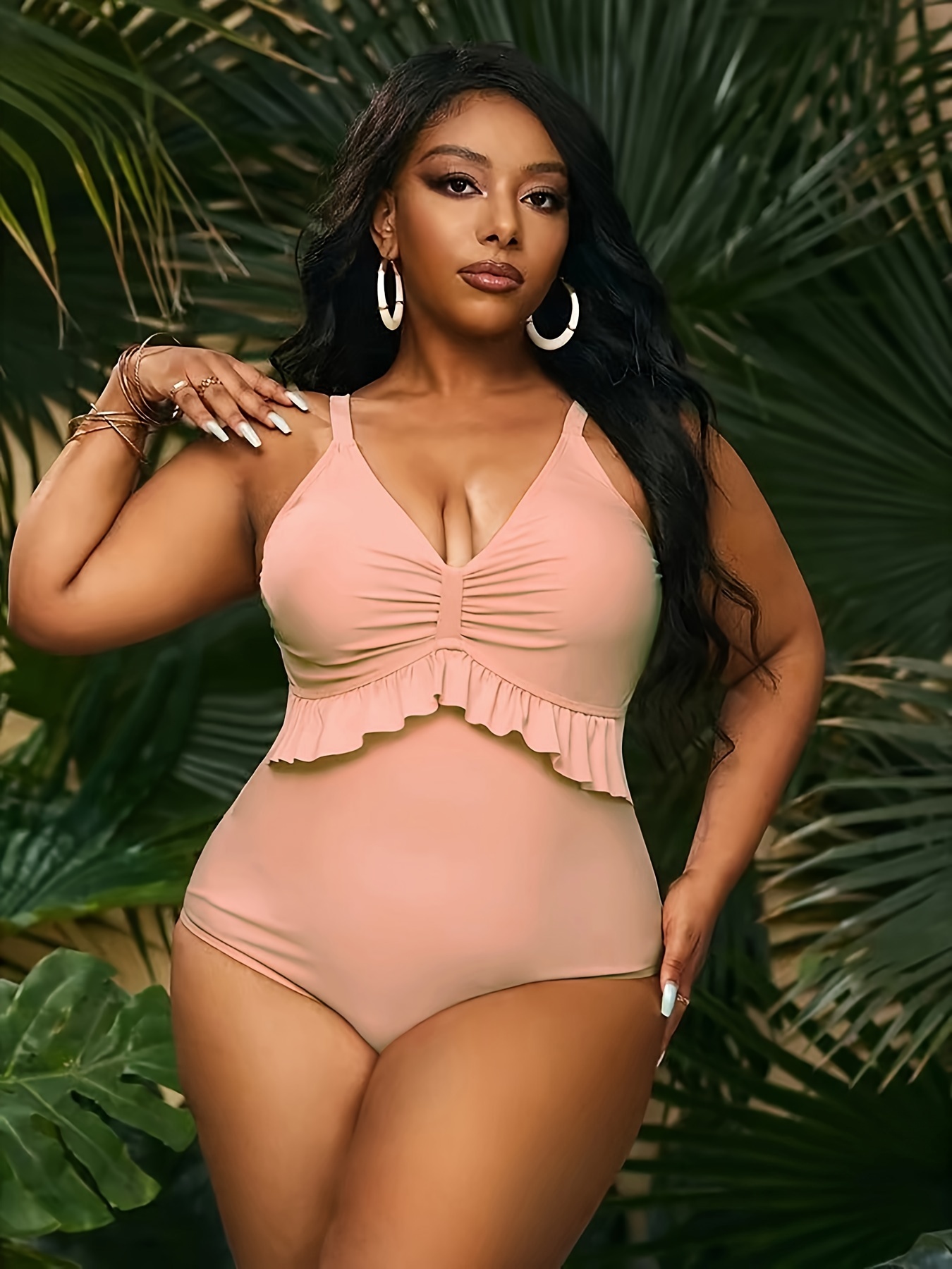 Plus Size Ruched Front Ruffle Trim V Neck Swimsuit - Temu