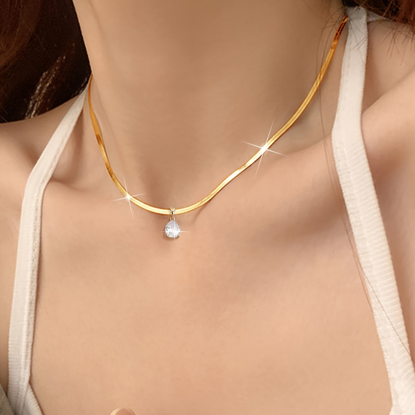 

Simple Classic Stainless Steel Clavicle Chain Sparkling Zircon Pendant Necklace Female Gift