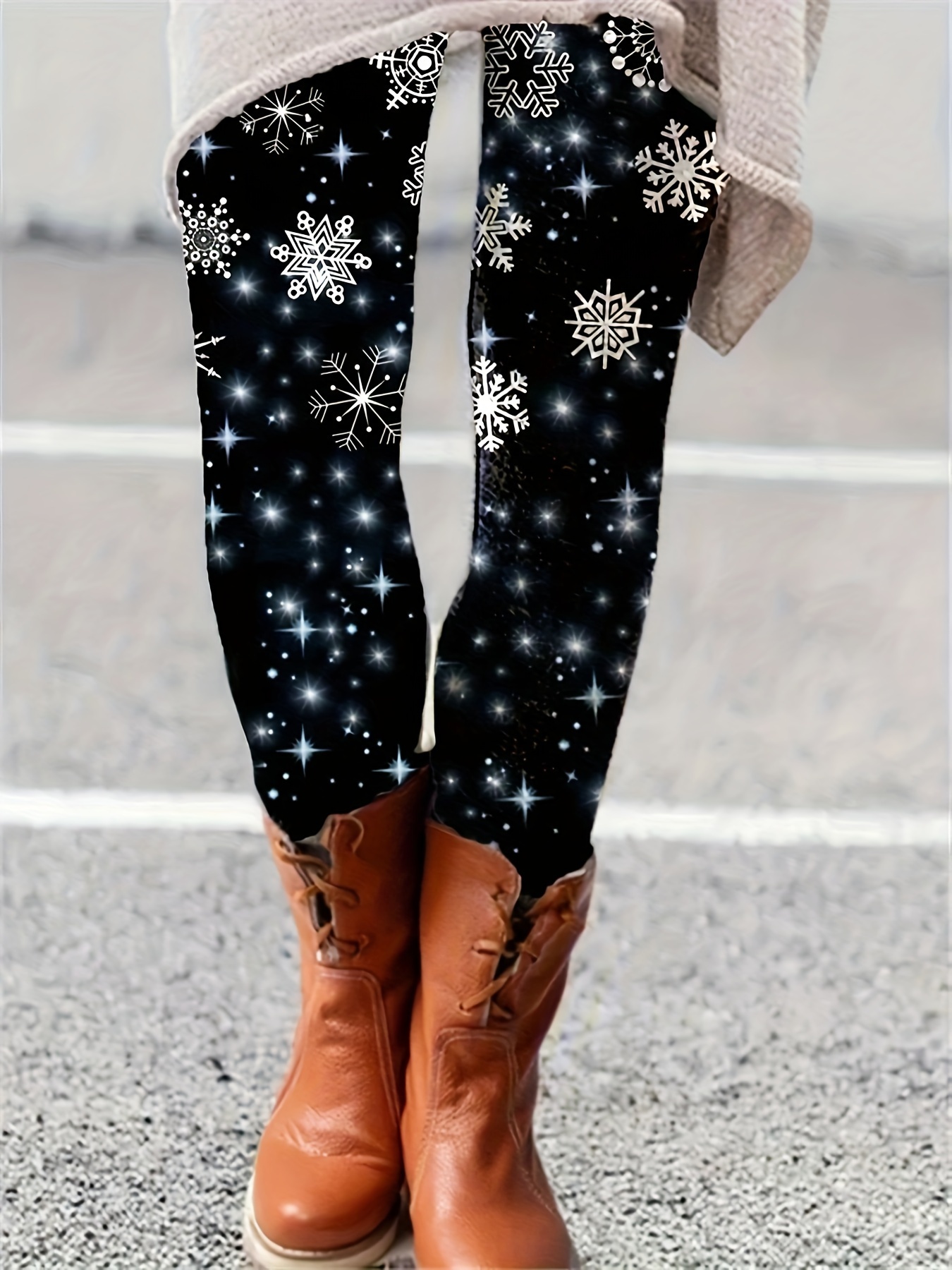 Plus Size Casual Leggings Women's Plus Glitter Snowflake - Temu Canada