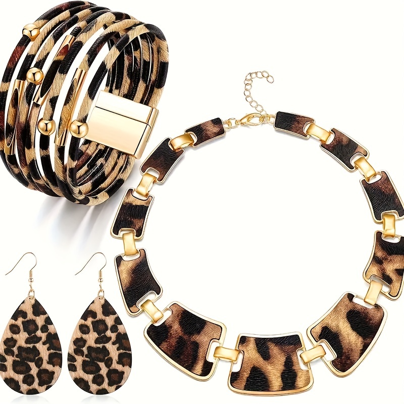 4pcs Leopard Print Jewelry, Jewels Set, Vintage Earrings, Necklace and Bracelet, Elegant Party Jewelry Birthday Gift for Teen Girls,Temu