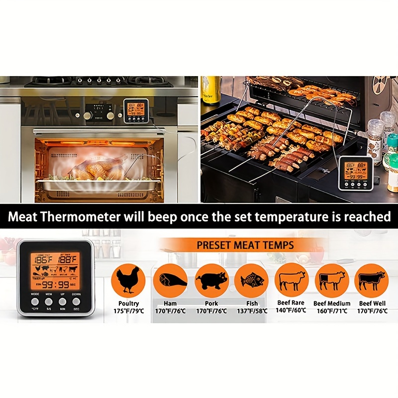 Digital Oven Thermometer Kitchen Meat Thermometeer Fahrenheit Celsius  Conversion Countdown/Timer LCD Backlight BBQ Thermometer