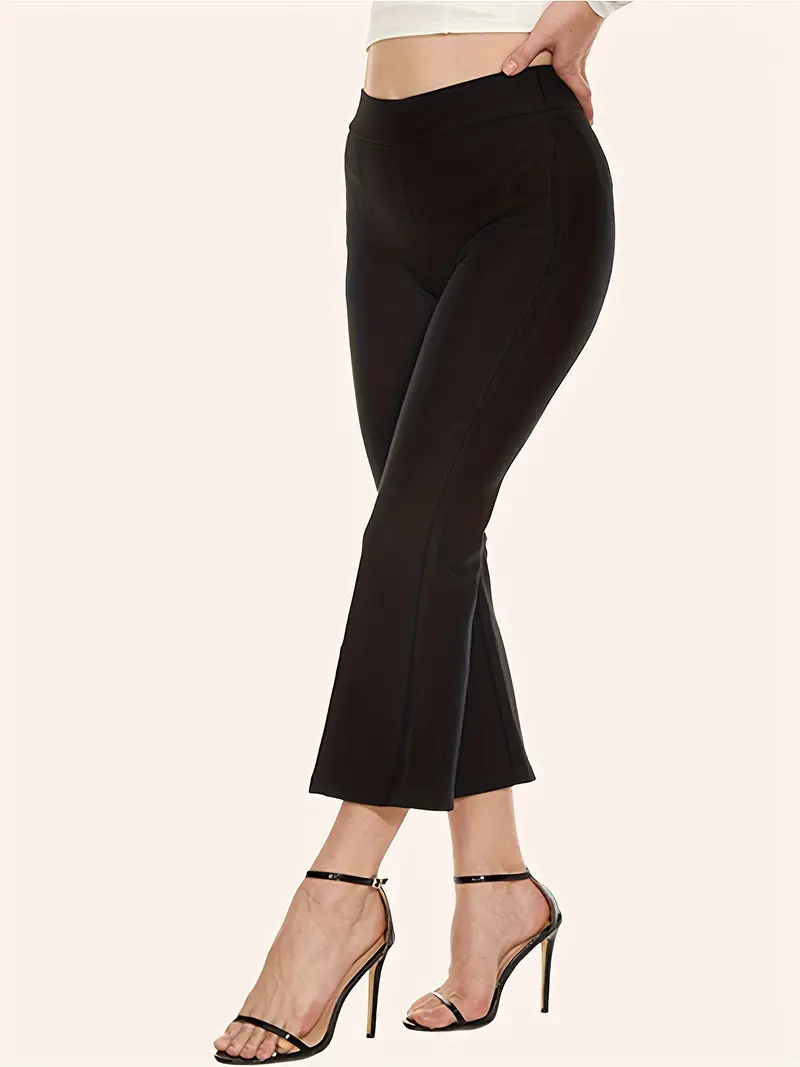 plus size casual pants womens plus solid elastic high rise slight stretch split hem crop flared leg trousers details 3