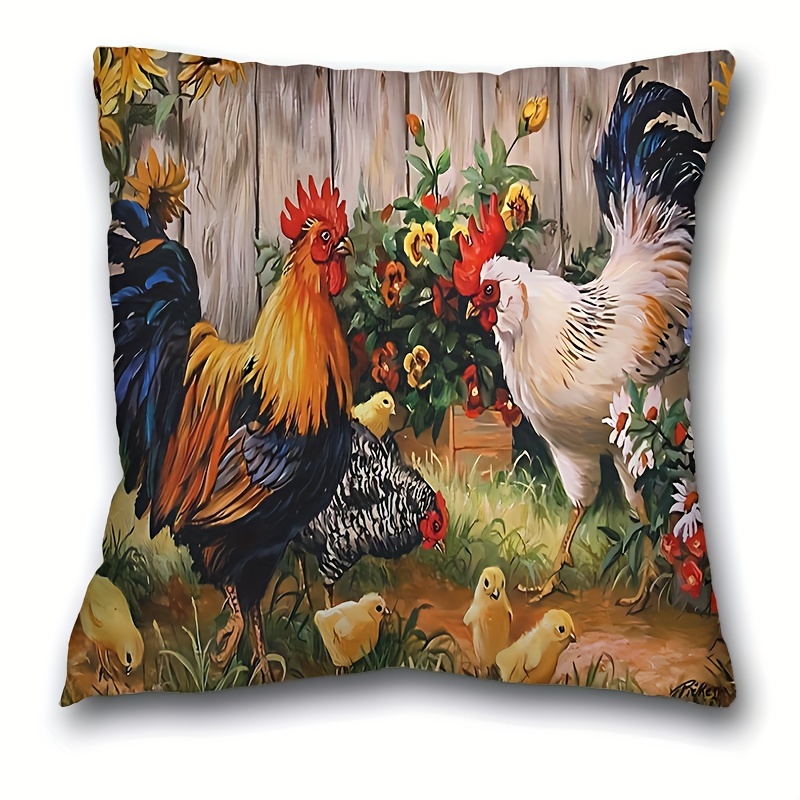 

1pc, Oil Painting Rooster Style Polyester Cushion Cover, Pillow Cover, Room Decor, Bedroom Decor, Sofa Decor, Collectible Buildings Accessories (cushion Is Not Included)