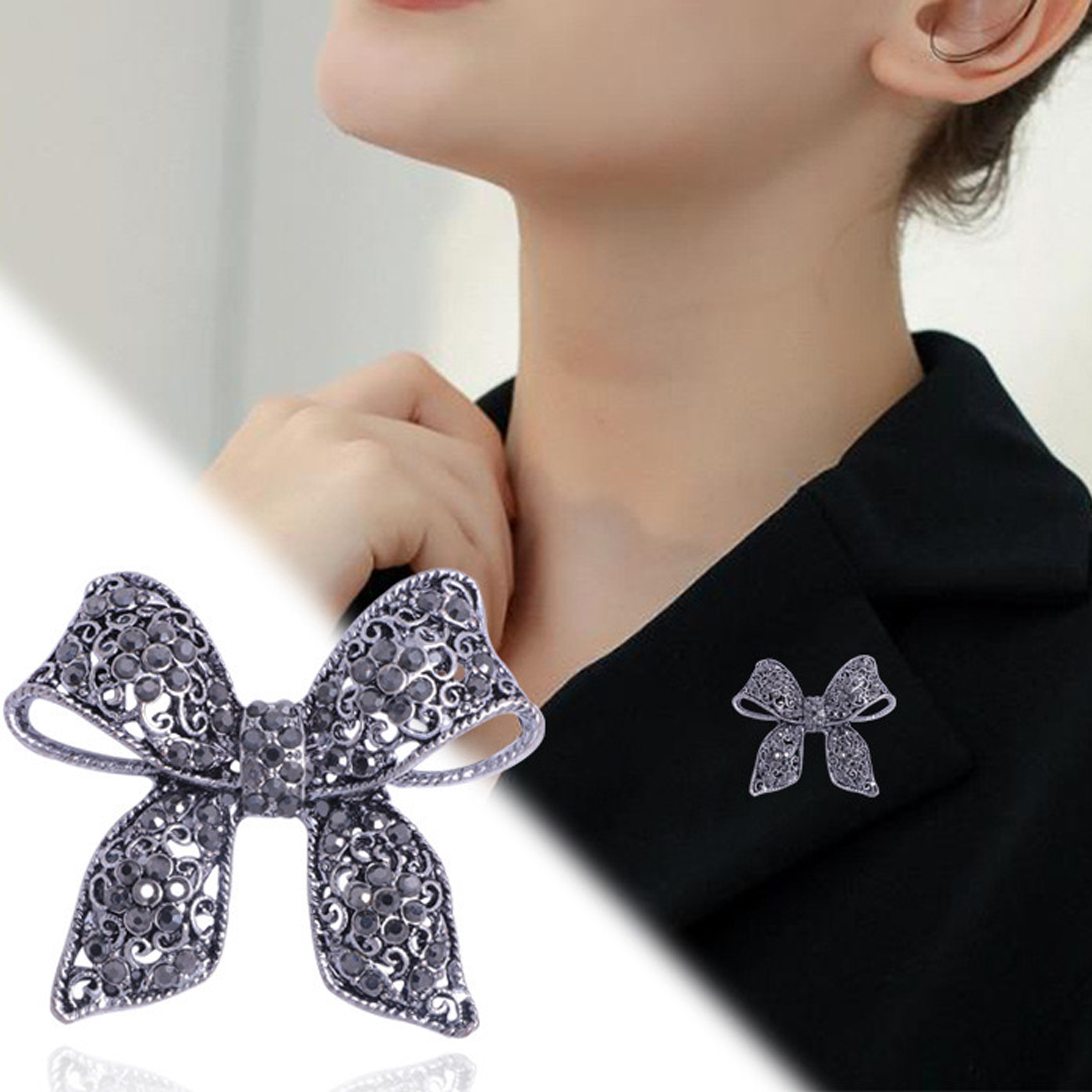 Black Rhinestone Big Bow Brooch Retro Stylish Chest - Temu