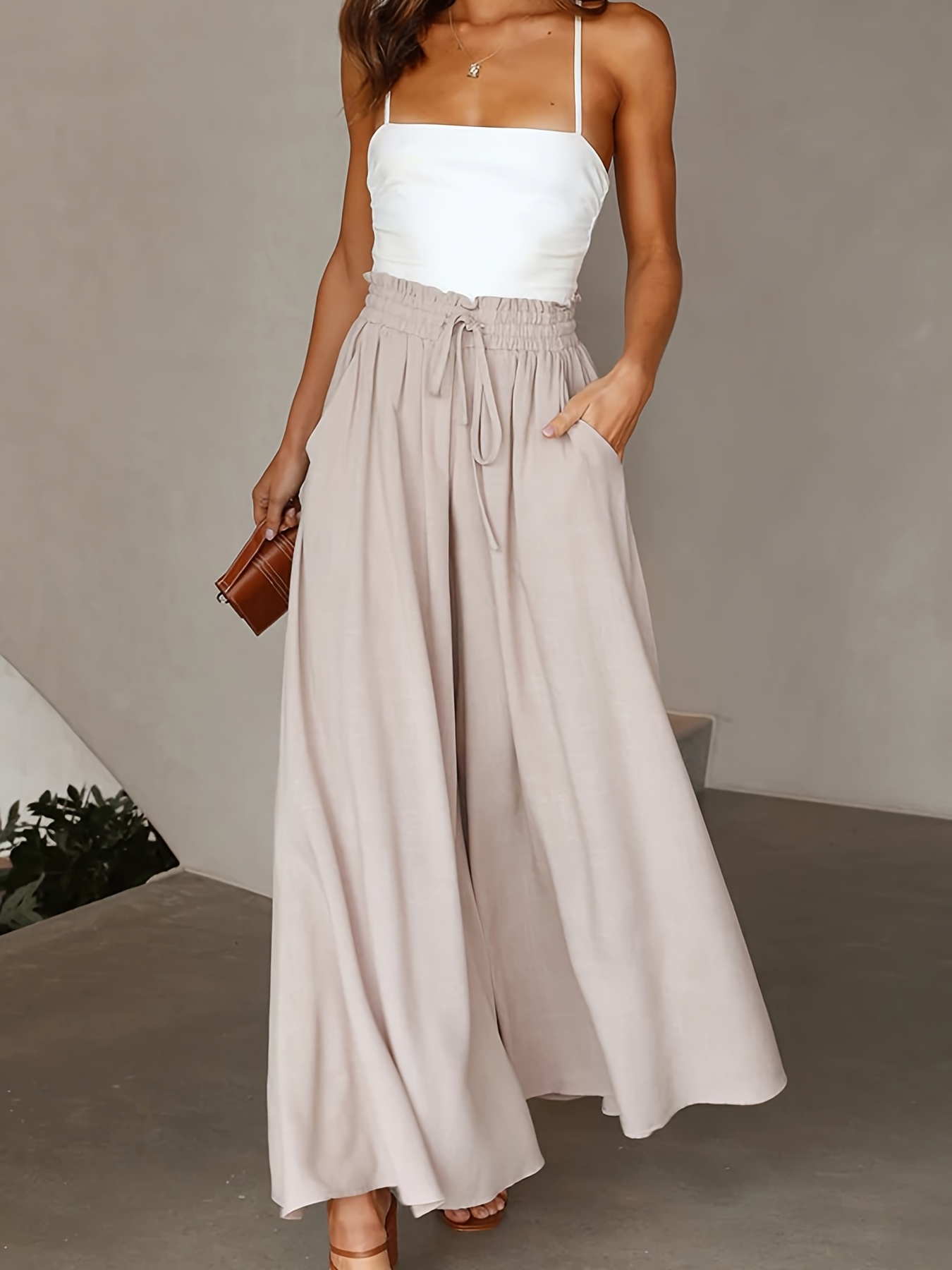 Women's Wide Leg Palazzo Pants with Pockets Light Weight Loose Comfortable  Casual Trousers Pants , White, XL