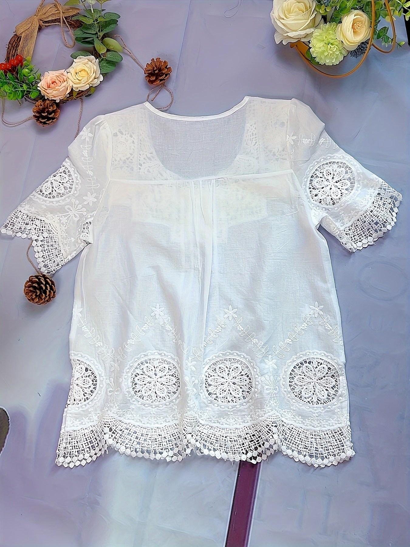 womens elegant lace cutout round neck blouse lightweight non - Main Image