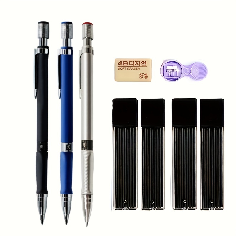 Four Candies 0.7mm Mechanical Pencil Set with Case - 4pcs Metal Mechanical Pencils, 8 Tubes HB #2 Lead Refills, 3pcs 4b Erasers and 9pcs Eraser