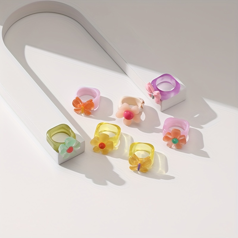 Girl's Butterfly Flower Resin Rings Plastic Rings Acrylic - Temu