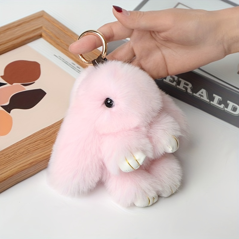 Pure Fluffy Real Rabbit Fur Pompon Bunny Keychain Trinket Women Toy