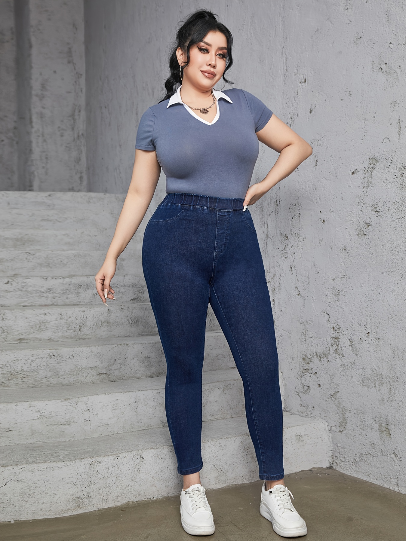 Plus Size Casual Jeans Women's Plus Solid Elastic High - Temu