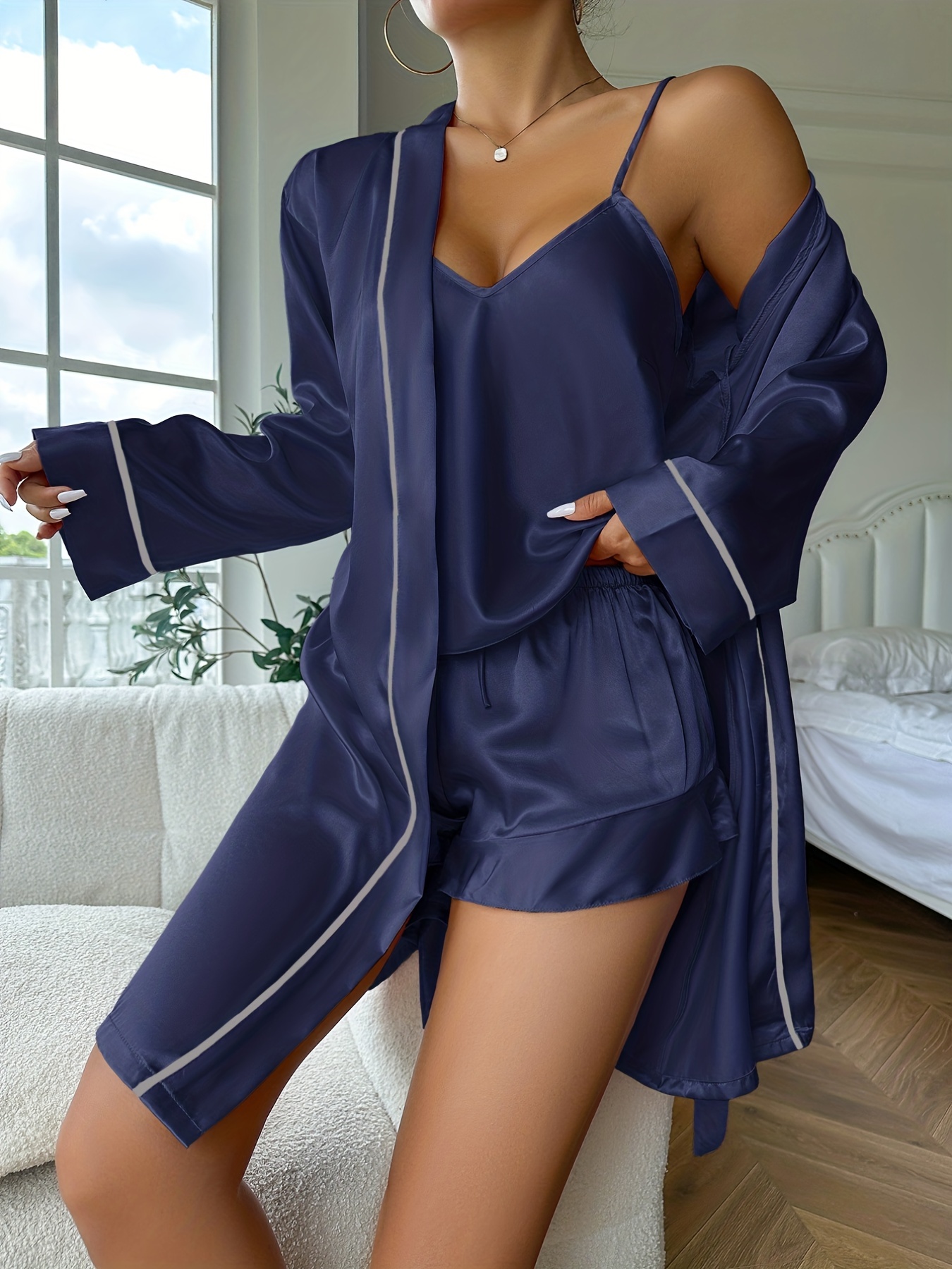 Simple Satin Pajama Set, Long Sleeve Robe With Belt & V Neck Cami Top &  Shorts, Women's Sleepwear & Loungewear