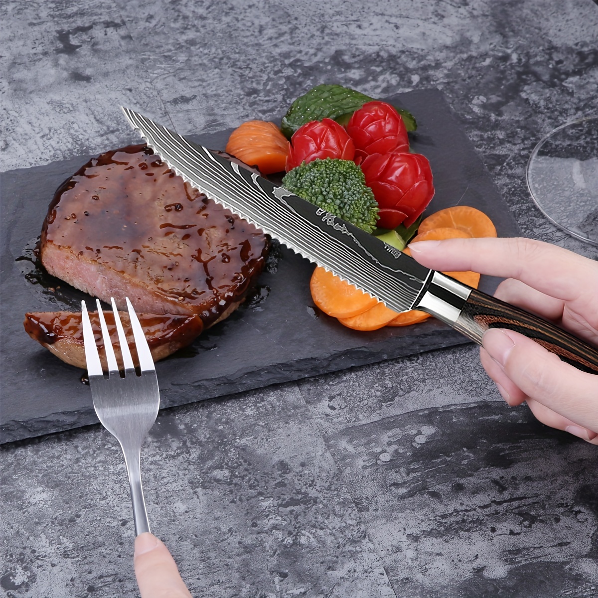 XT XITUO Juego de 6 cuchillos de carne con patrón de damasco de acero  inoxidable con mango de madera, cuchillo multiusos para restaurante y mesa