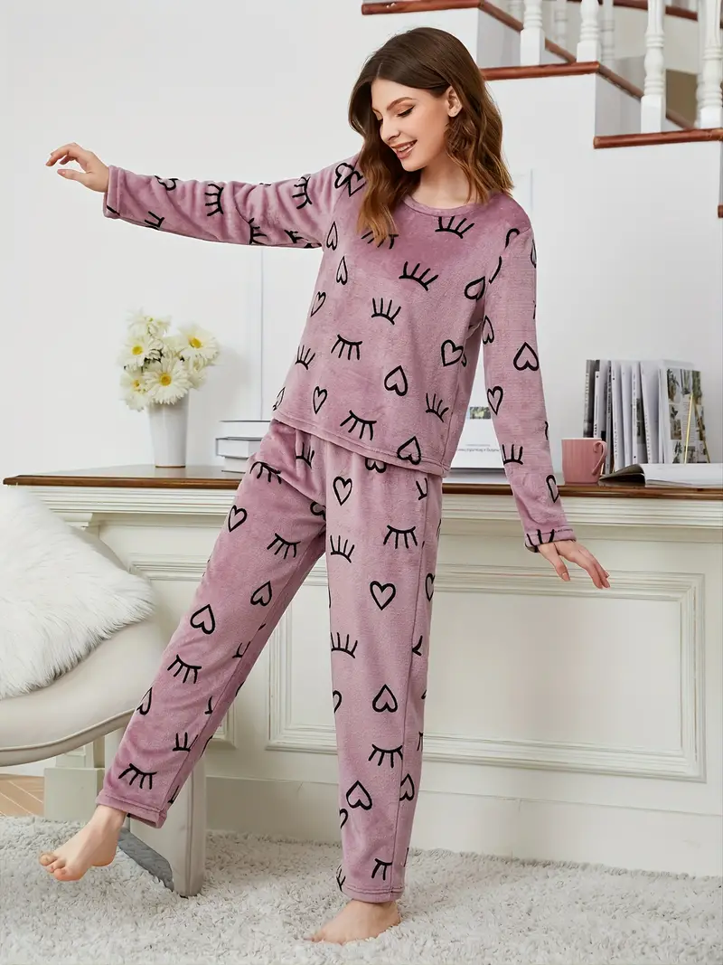 Heart Print Fuzzy Pajama Set, Long Sleeve Crew Neck Top & Elastic Waistband  Pants, Women's Sleepwear & Loungewear