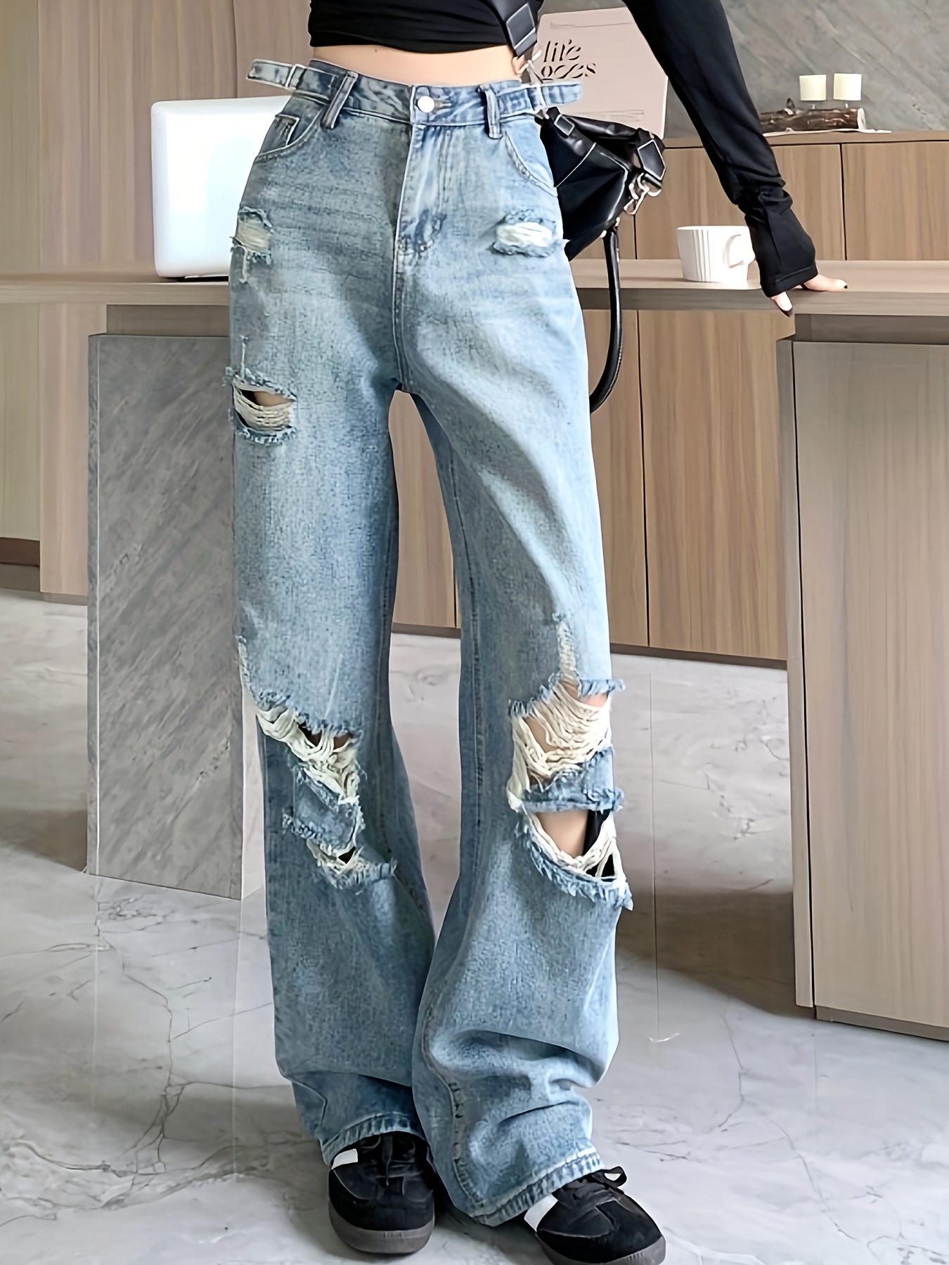 Ripped Holes Chic Baggy Jeans Vita Regolabile Pantaloni - Temu Italy