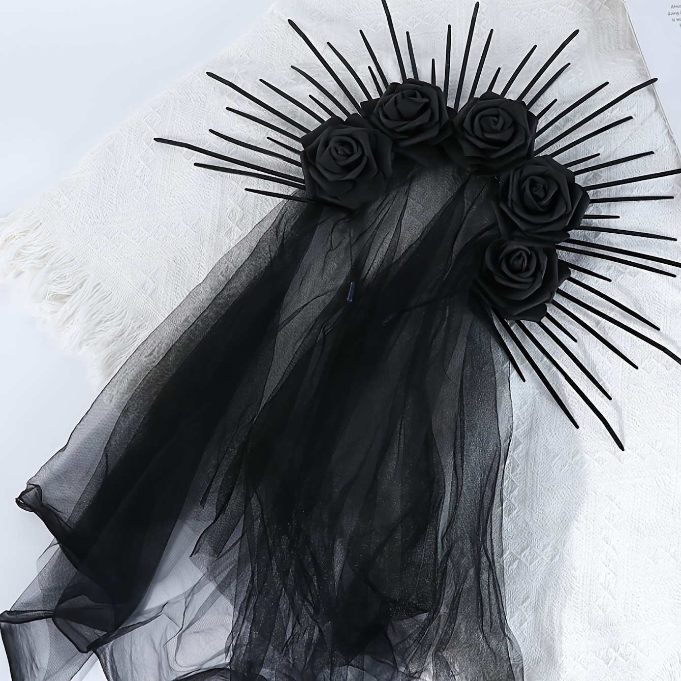 Black headband with veil, Black Headpiece with spider and ve