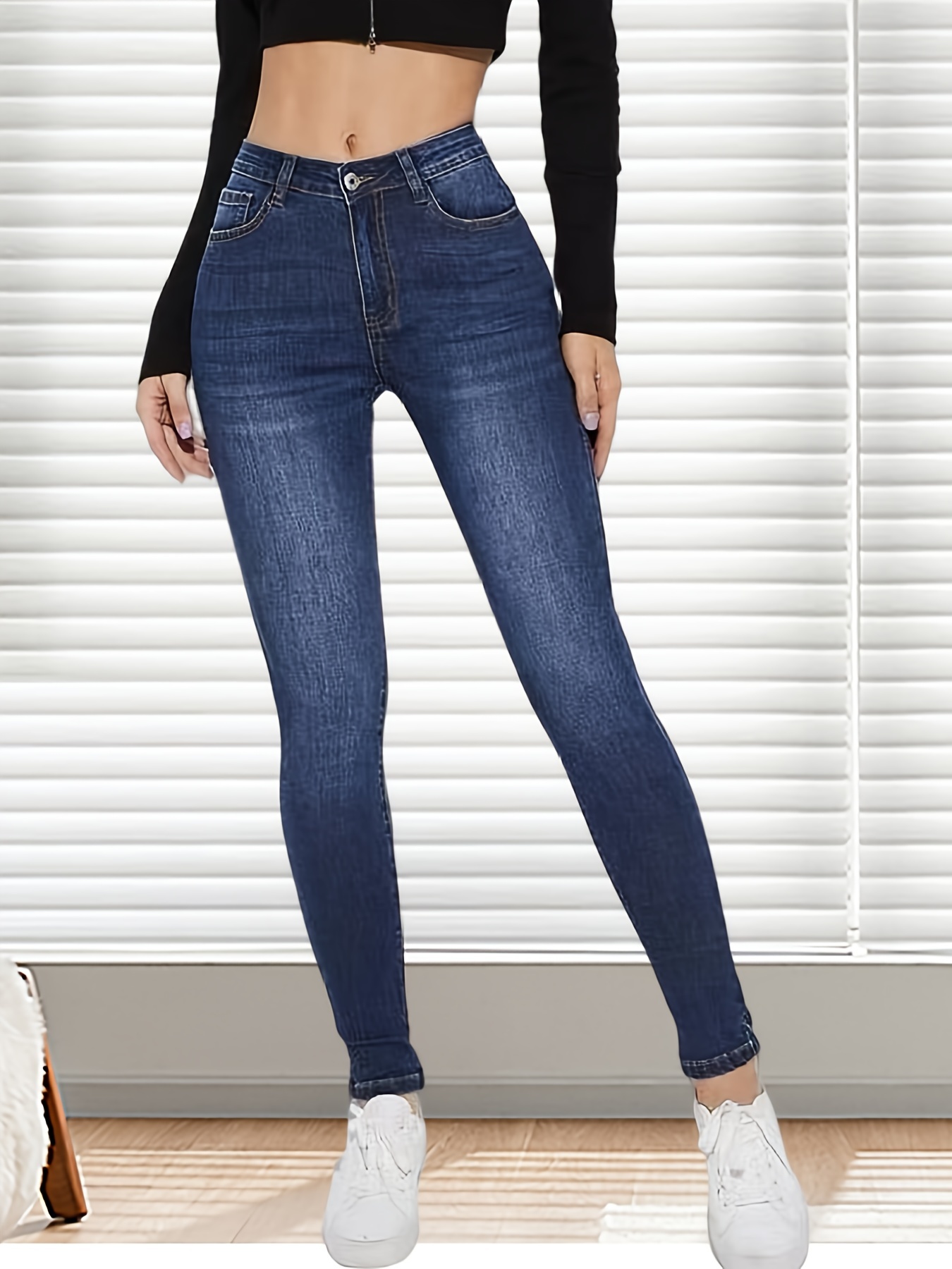 Jeans Ajustados Elásticos Tiro Alto Pantalones Mezclilla - Temu