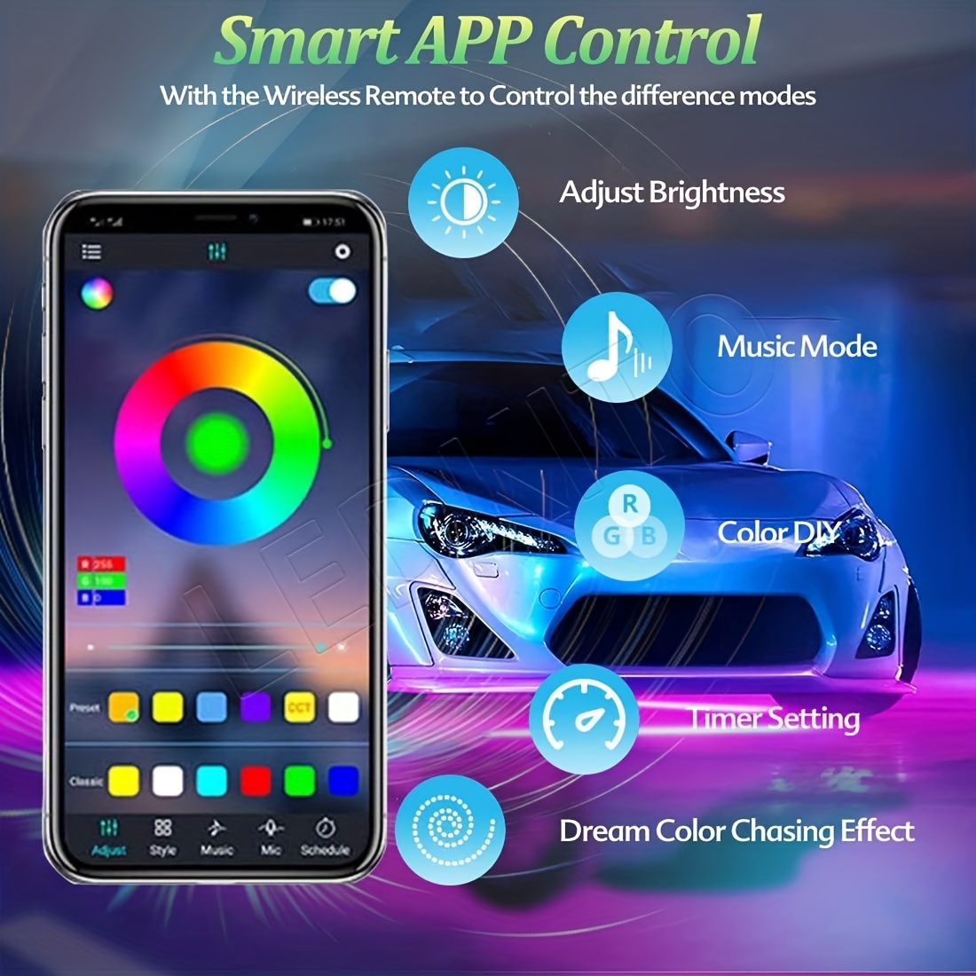 Striscia LED RGB per interni auto sottoscocca sotto il kit di luci luminose  Controllo app 60x90 cm Controllo app universale -  Italia