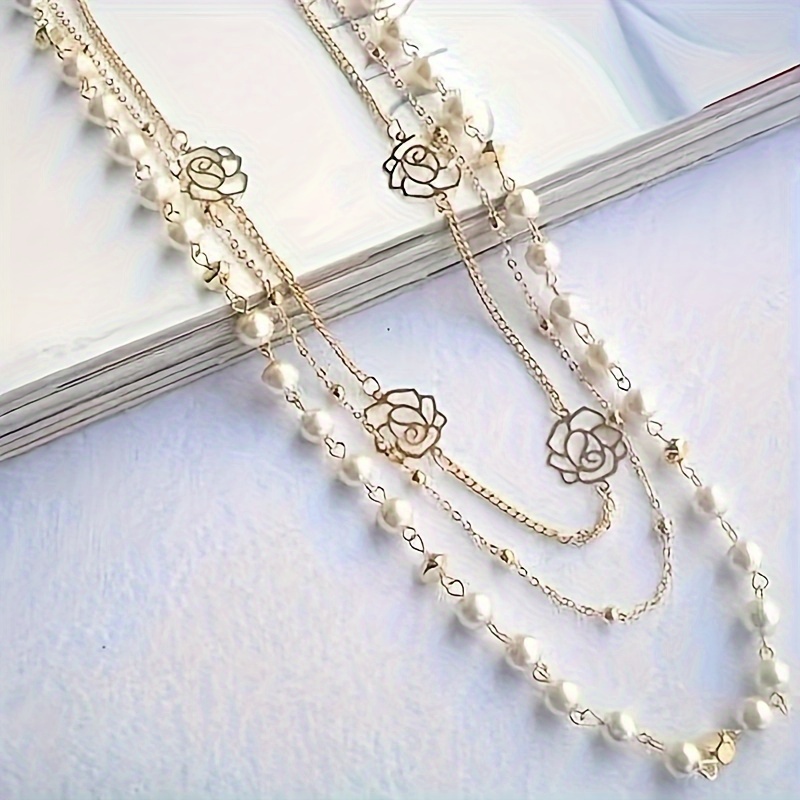 TEMU 1pc Elegant Pearl Necklace With Pendants, Long Sweater Chain Fashion Jewelry For Daily And Vacation Wear, Iron Material, All Compatible