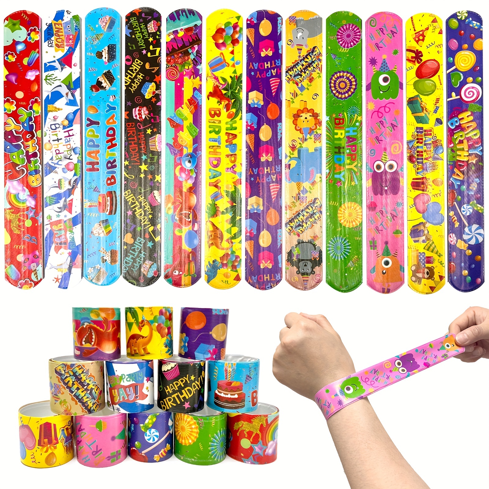 100 pulseras de bofetada con corazones coloridos, diseño de animales,  bandas retro para niños y adultos, regalos de cumpleaños en el aula (100