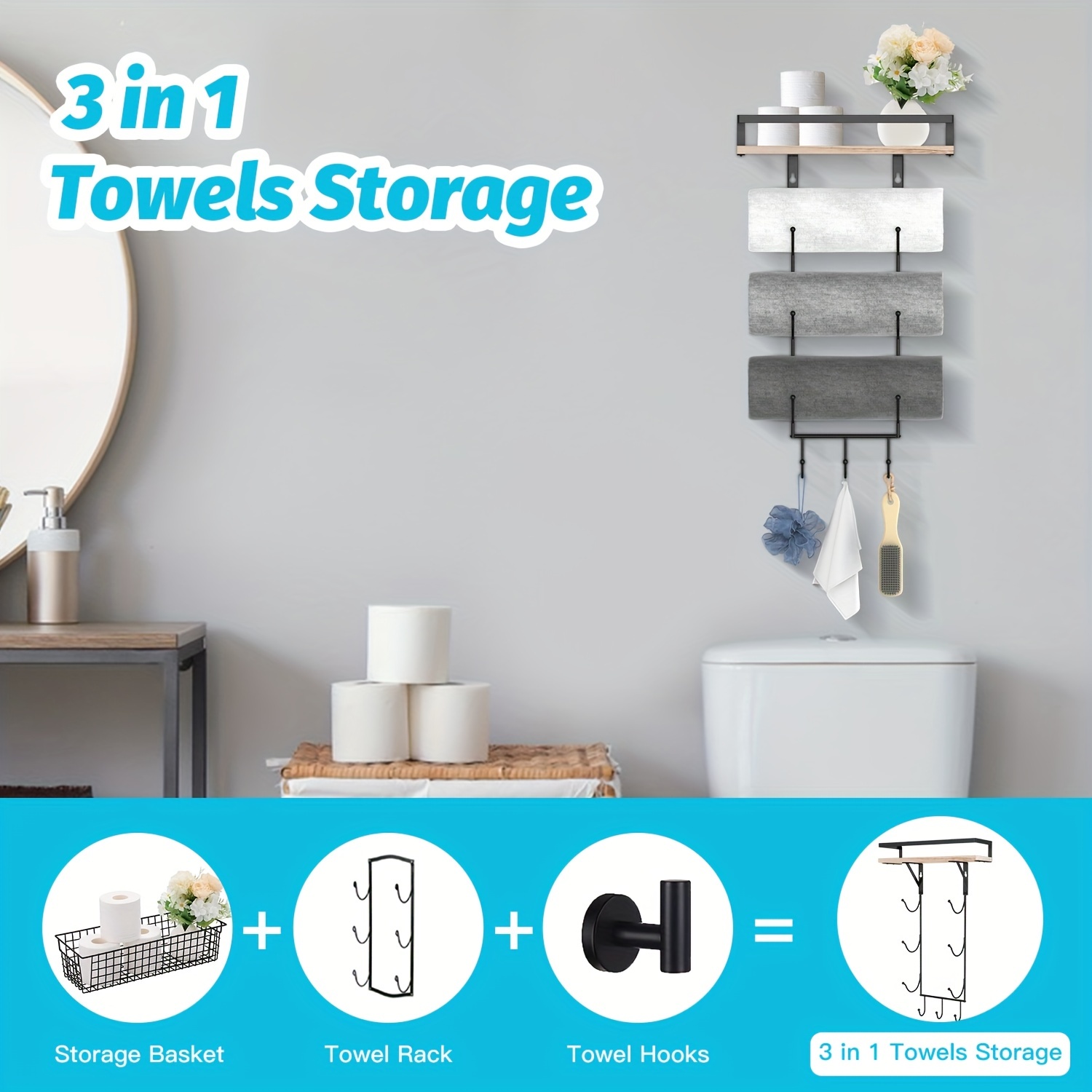 Bathroom Organizers Adhesive Shelf Storage with Towel Bar, Wall