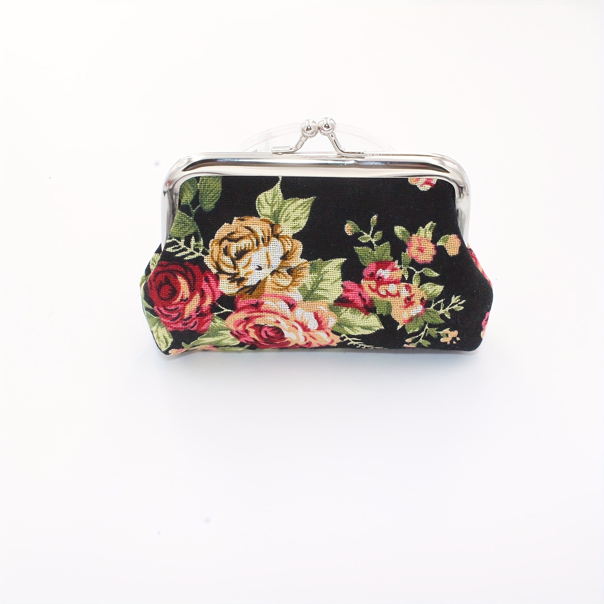 Vintage Rose Print Coin Purse Makeup Bag Kiss Lock Holder