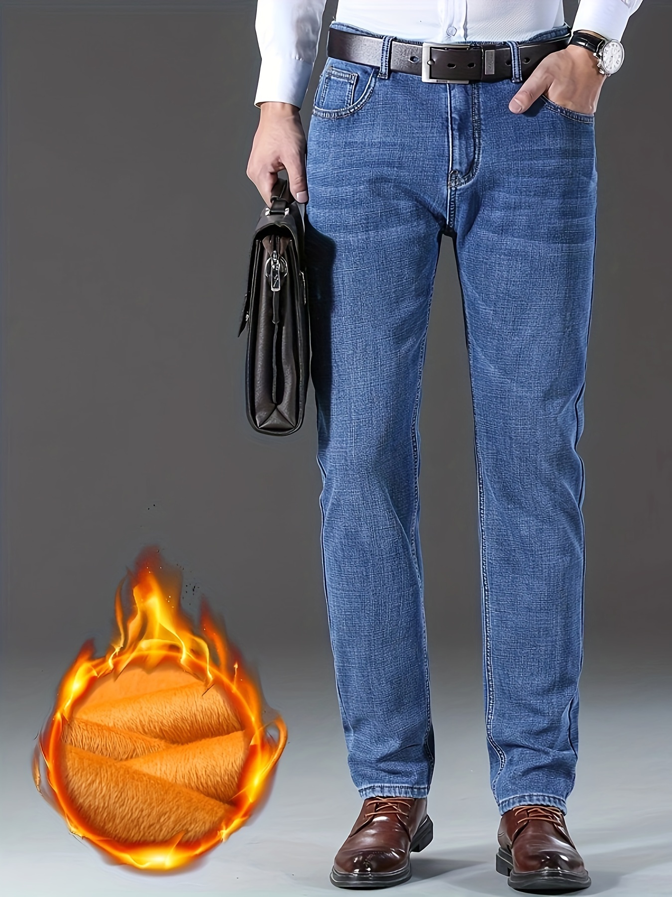 Pantalones de mezclilla gruesos y abrigados con diseño clásico para hombre,  vaqueros elásticos semiformales para negocios