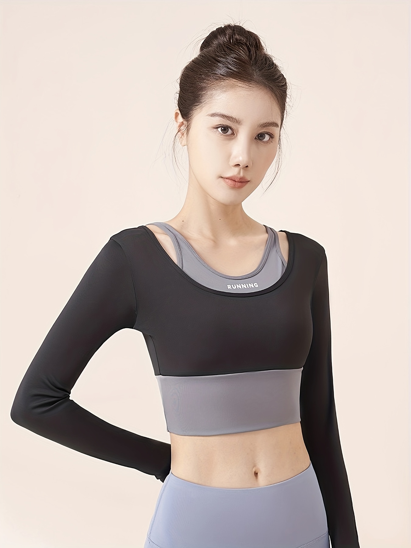 8552 Yoga Workout Crop Tops Slim Fit Short Sleeve U Neck T-Shirts Padded Yoga  Tank - Apricot Brown / XL
