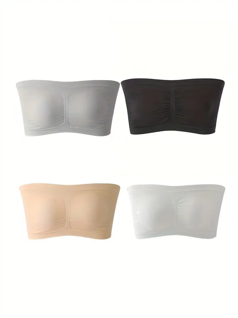 4 Pack Plus Size Casual Tube Bra, Women's Plus Solid Ruched High Stretch  Tube Bra For Prom Dress Tube Top