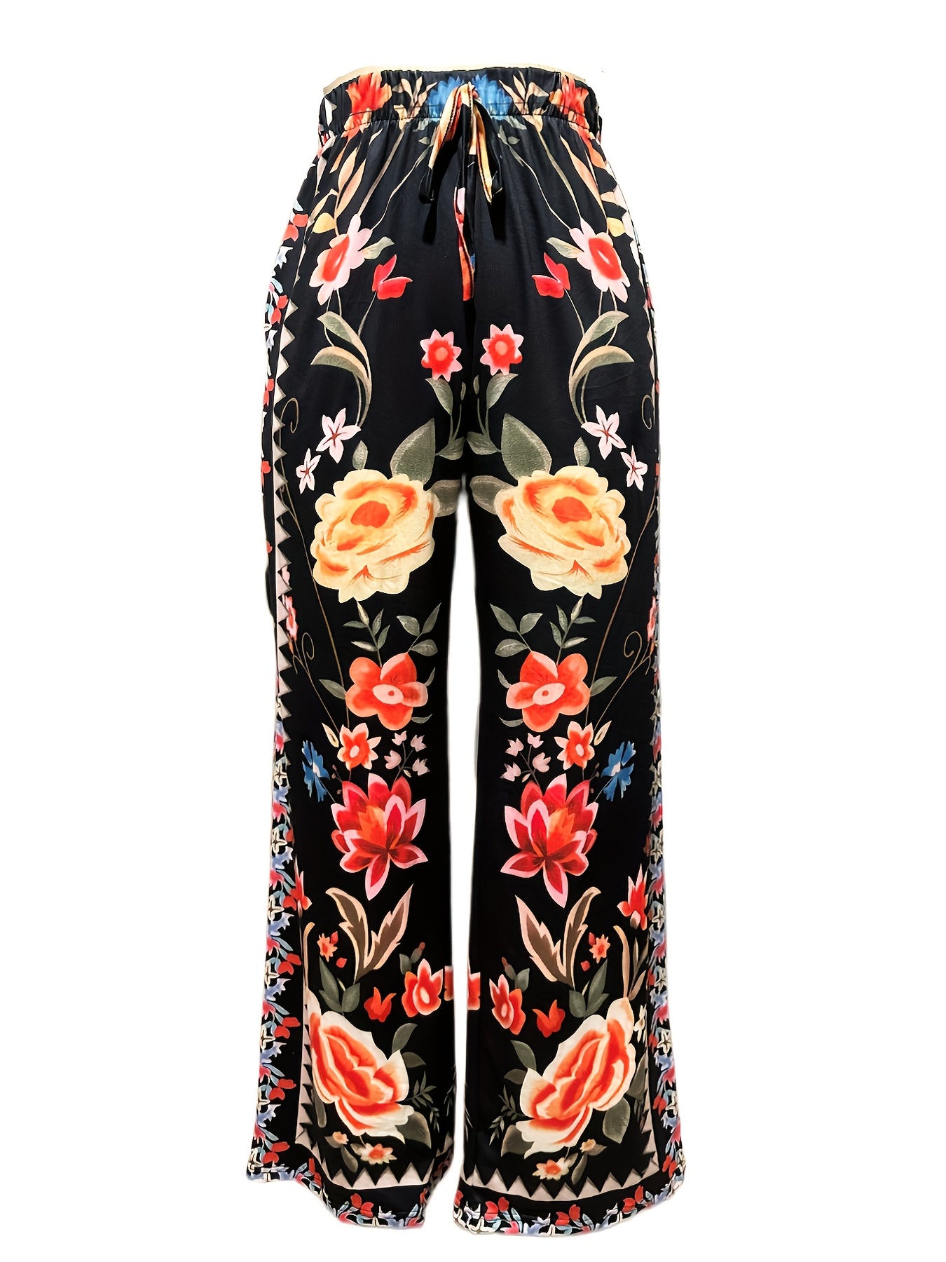 Peacock Print Wide Leg Pants Retro Drawstring Long Length - Temu