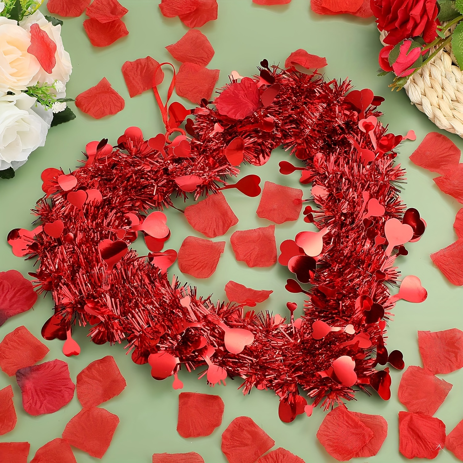 Valentine Heart Shaped Wreaths Red Tinsel Heart Shaped - Temu