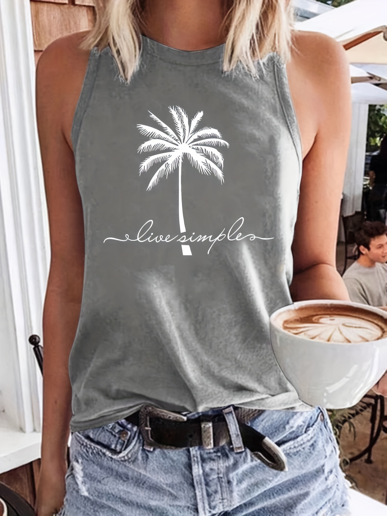 Coconut Tree Graphic Letter Print Crew Neck Tank Top Casual - Temu