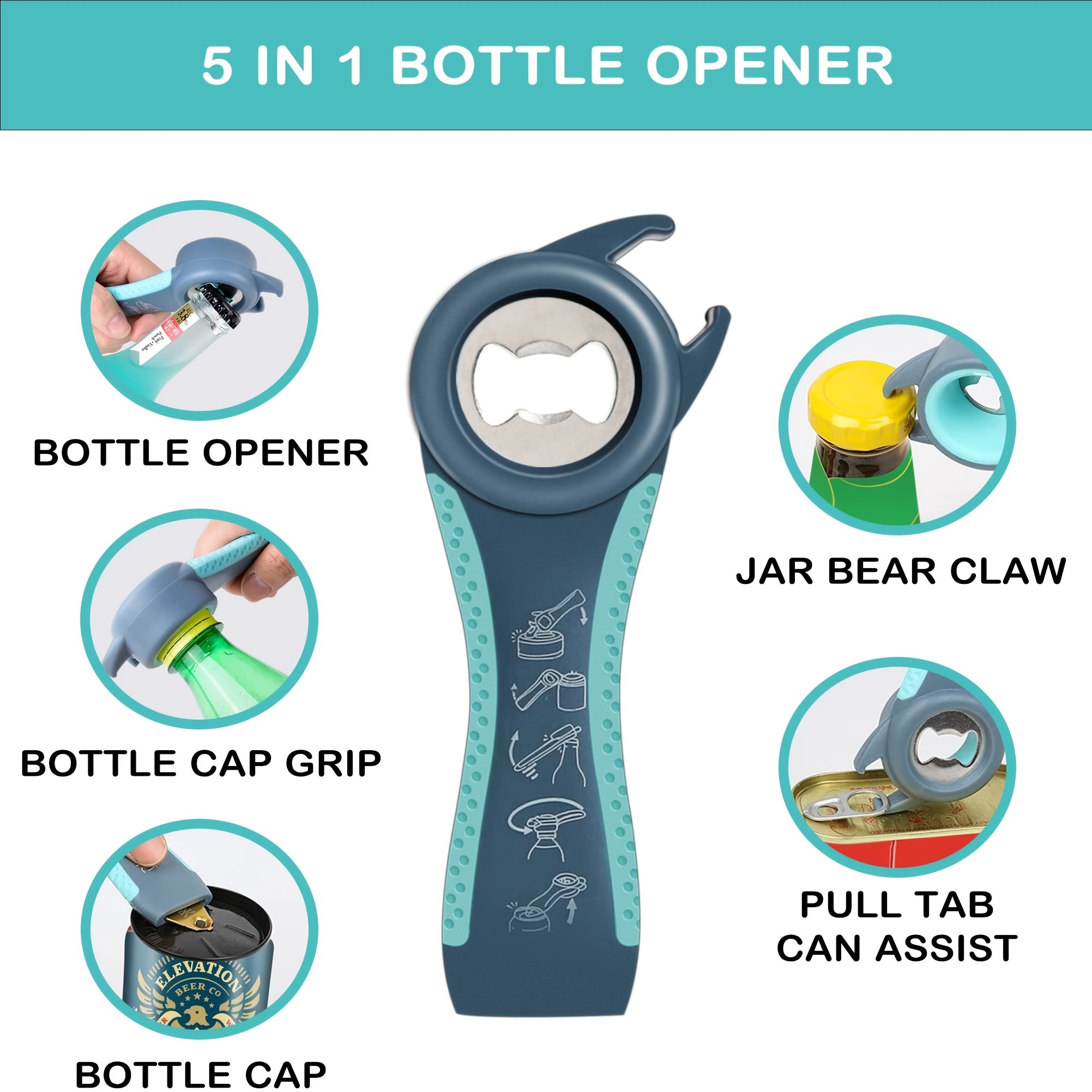 4 In 1 Multi Functional Non Slip Can Lid Jar Gripper Bottle Opener In BLUE