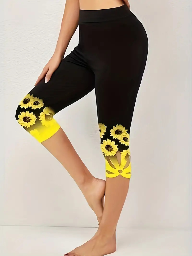 Sunflower Print Capri Leggings Casual High Waist Skinny - Temu