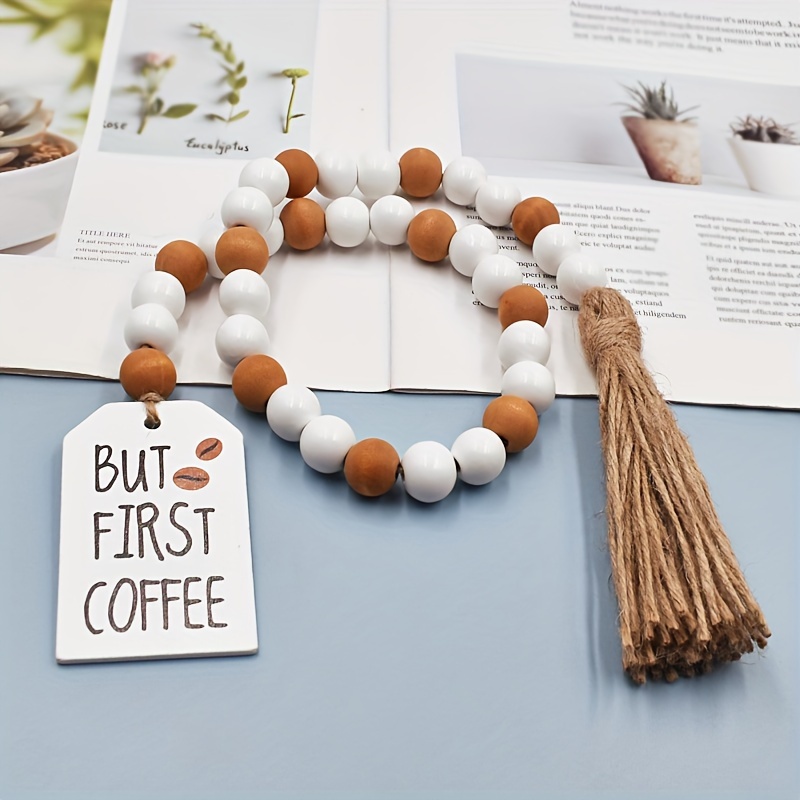 Wooden Bead Garland With Tassel, Farmhouse Beads for Coffee Table