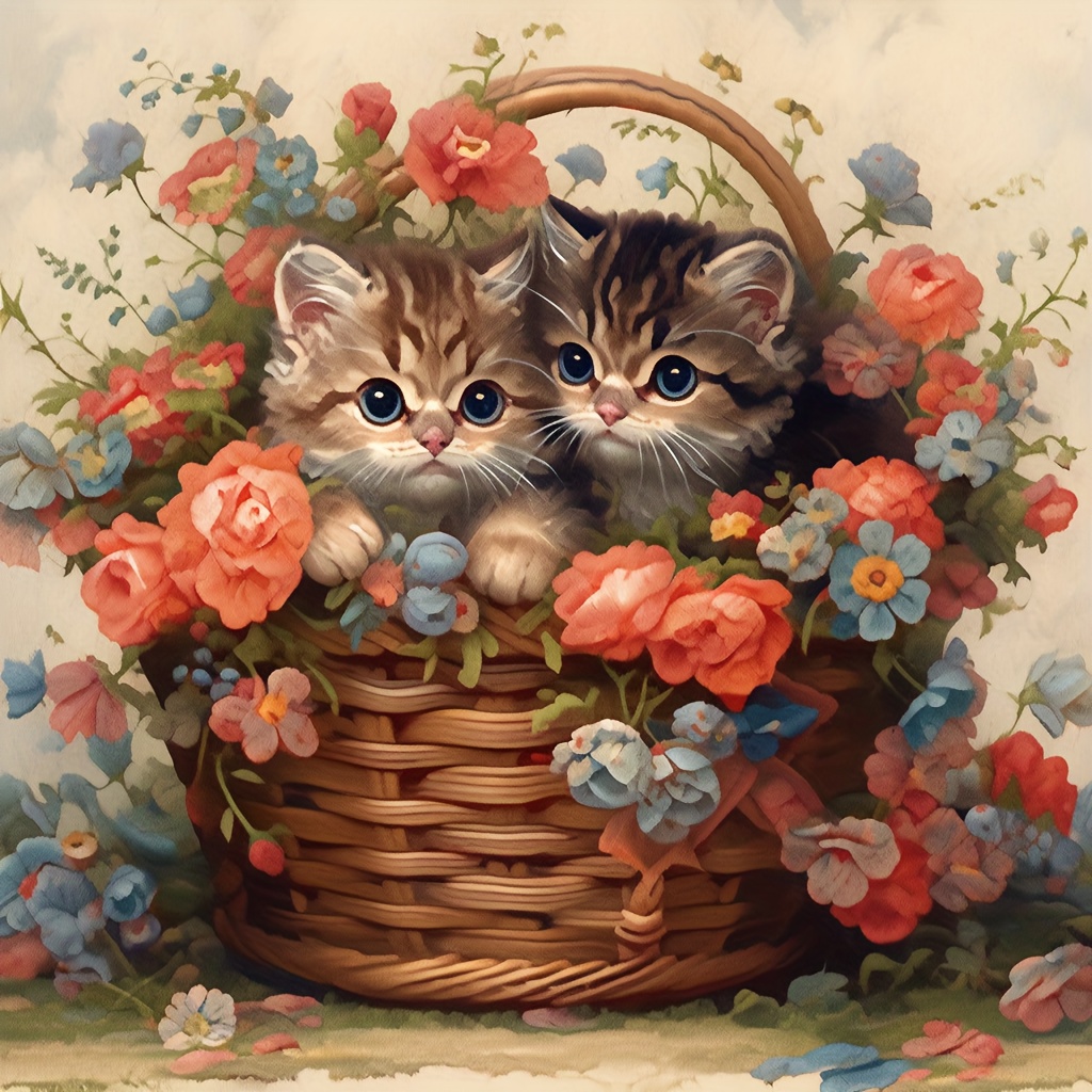 1pc DIY Painting Kit, Two Cats In The Flower Basket For Adults Round Full  5D Diamond Art For Home Wall Decor Gifts 30x40cm/12x16inch Without Frame