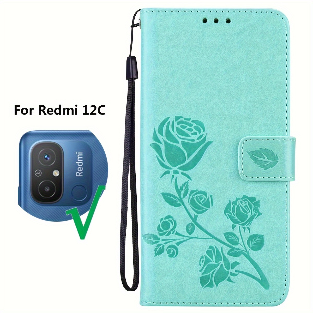 Compre Para Xiaomi Redmi 12C 4G / 11A 4G Teléfono Tapa Impresión de Flores  de Cuero Case de Billetera Con Correa - Azul en China