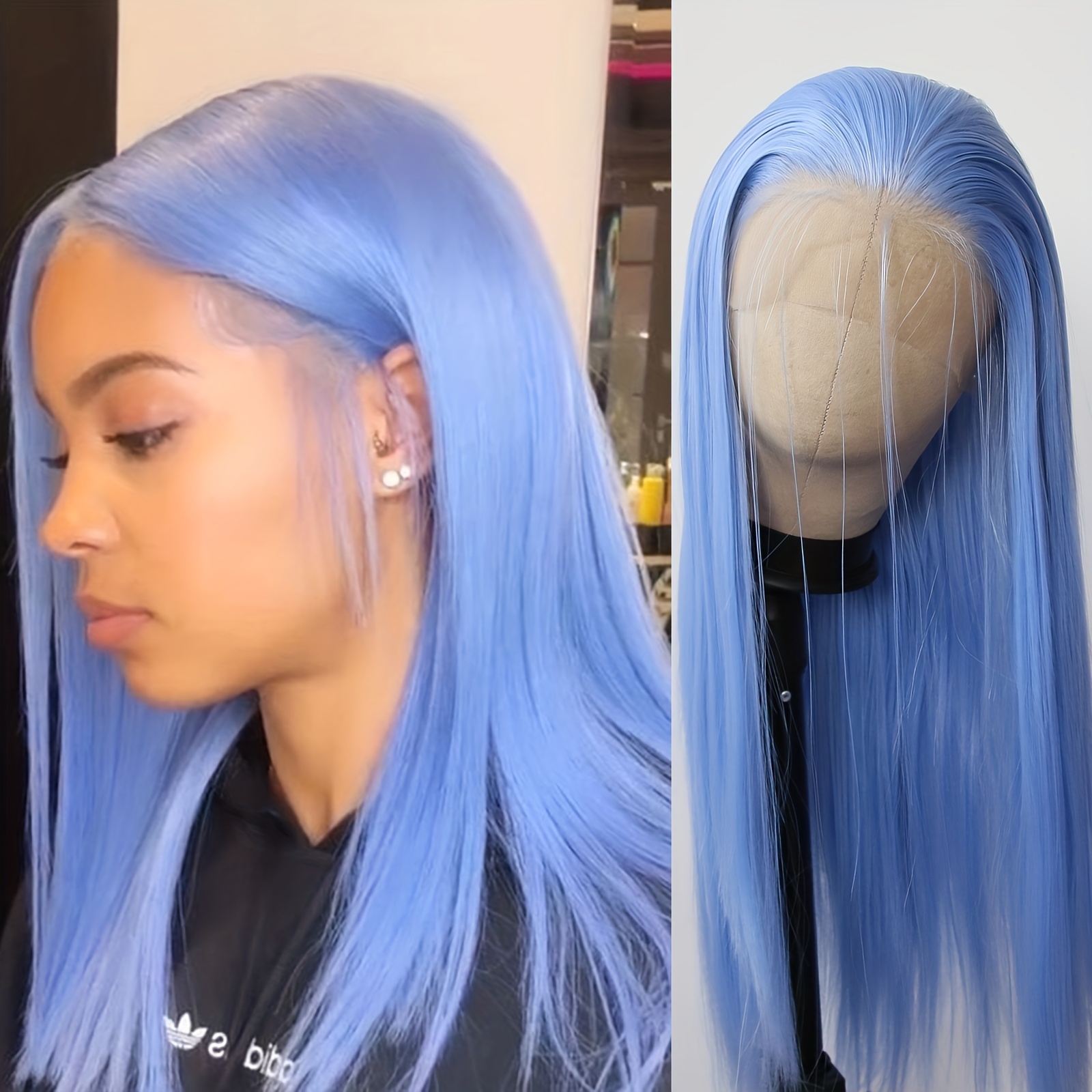 Blue Synthetic Lace Front Wig Long Straight Dark Blue Lace Temu