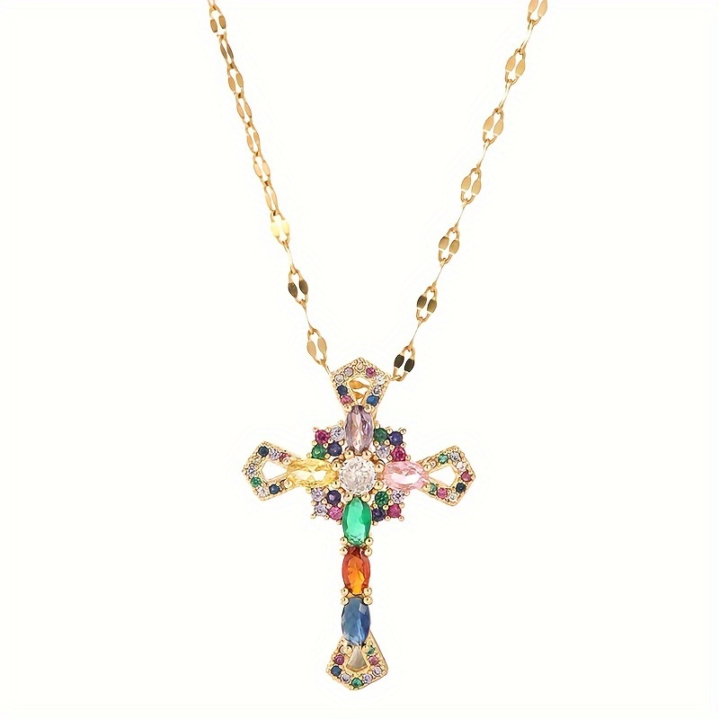 retro colored cubic zircon decoration cross pendant necklace family and friend christmas birthdays gift 0