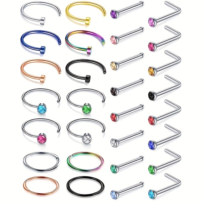 30pcs Stainless Steel Nose Ring Set Inlaid Shiny Colorful Rhinestone Simple Style Body Piercing Jewelry Set
