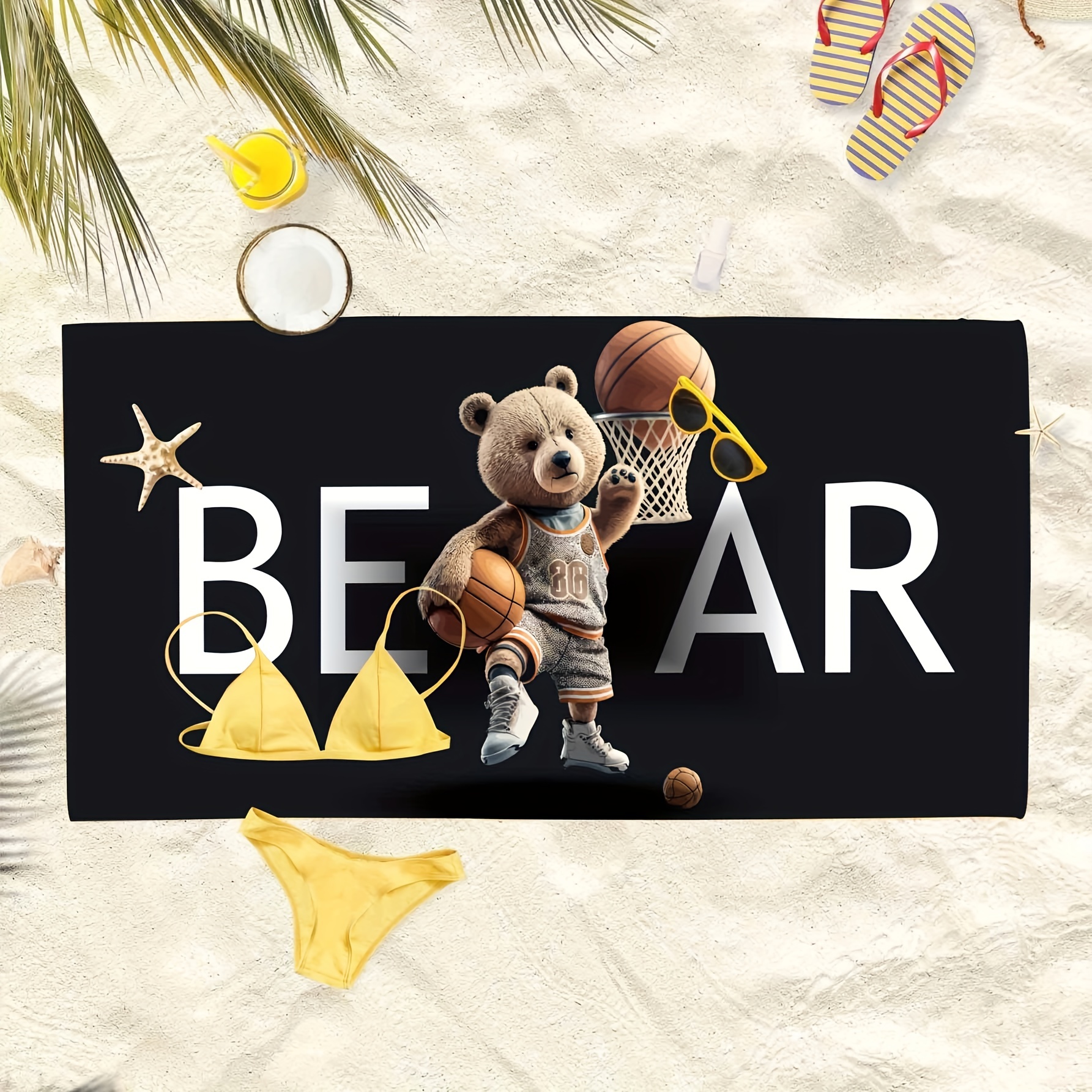 Basketball Bear Pattern Large Beach Towel Quick Drying Soft Water Absorbent