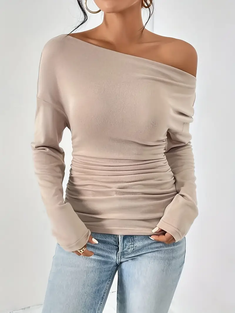 Solid Asymmetrical Neck Ruched T-shirt, Casual Long Sleeve Top For ...