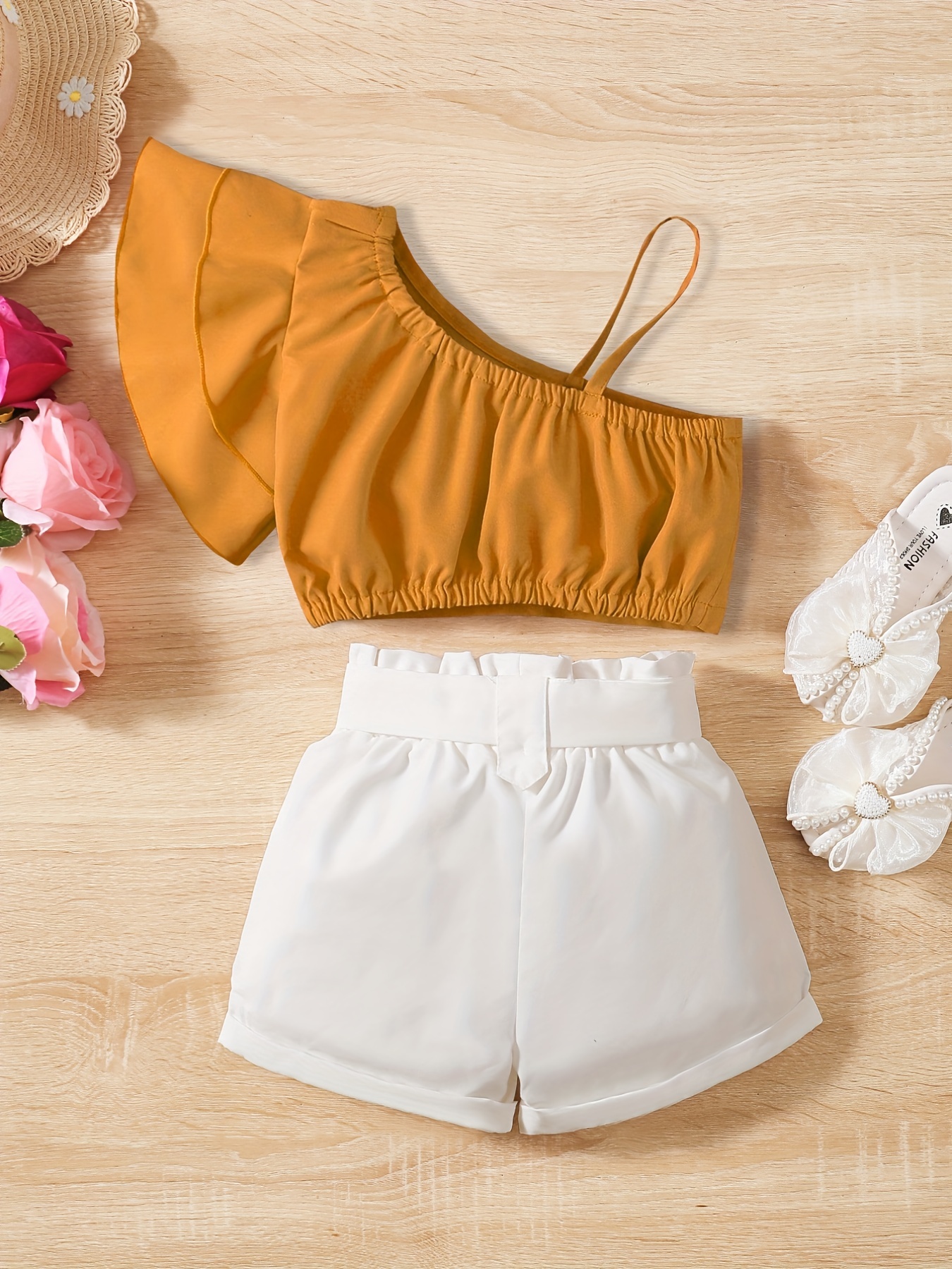Girls Ruffled One Shoulder Top & Shorts Set for Holiday Party